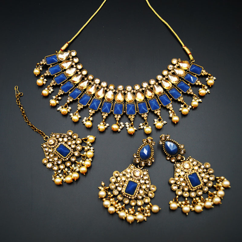 Varya - Gold Polki/Navy Blue Necklace Set- Antique Gold