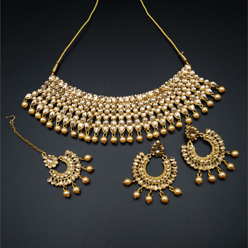 Vana Gold Faux Polki & Pearl Necklace Set - Antique Gold