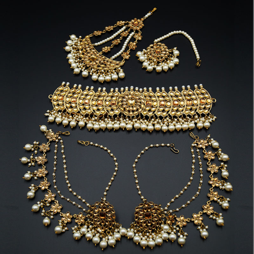Taksh Gold Kundan/White Pearl Choker Set - Antique Gold