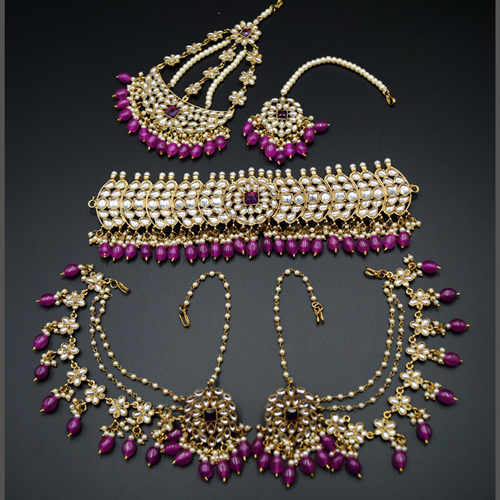 Taksh White Kundan/ Purple Beads Choker Set - Antique Gold