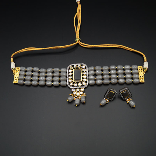 Madri  Grey Kundan /Beads Choker Necklace Set - Gun Metal 