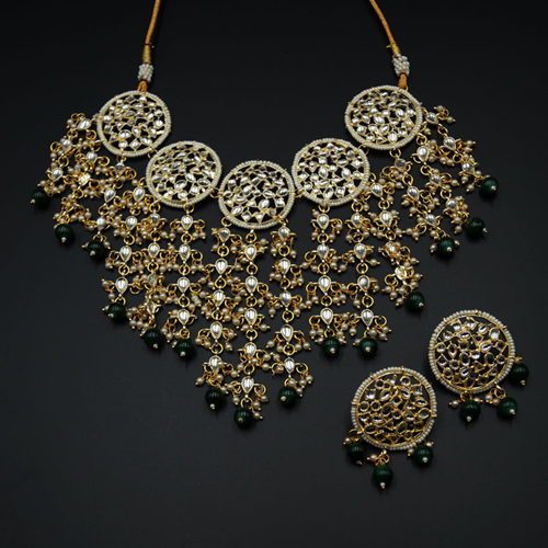 Malar White Kundan/ Green Beads Necklace Set - Gold