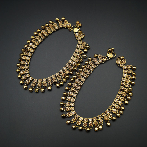 Shera Gold Diamante Ghungroo Payals - Antique Gold