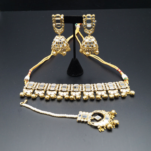 Dru -Silver Mirror /Gold Beads Choker Necklace  Set - Antique Gold