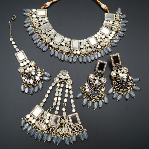 Warhi White Mirror/Grey Beads Necklace  Set - Antique Gold