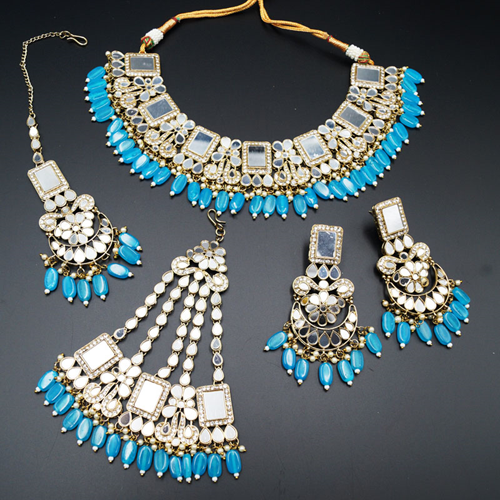 Warhi White Mirror/Turquoise Beads Necklace Set - Antique Gold