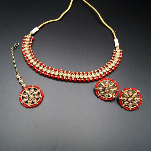 Banu Gold Polki/Red Necklace Set - Antique Gold