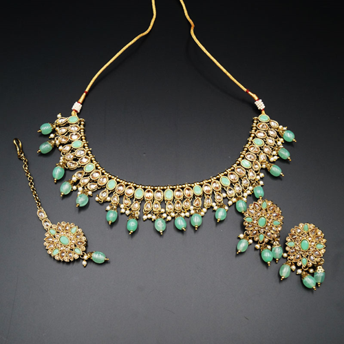 Saira Gold/Pista Polki Stone Necklace Set - Antique Gold