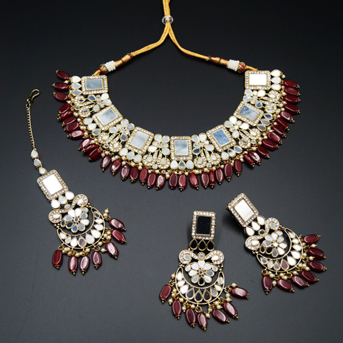 Warhi White Mirror/ Maroon Beads Necklace Set - Antique Gold
