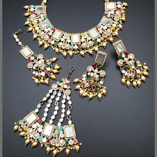  Warhi White Mirror/ Multicolour Necklace Set - Antique Gold