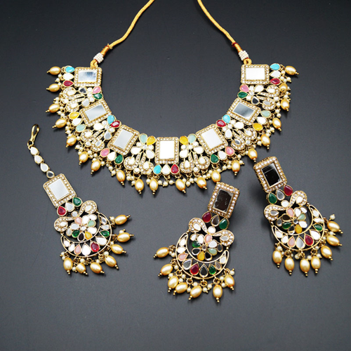 Warhi White Mirror/ Multicolour Necklace Set - Antique Gold