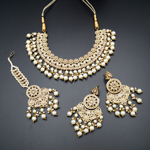 Trayi Gold Polki & White Pearl Necklace Set - Antique Gold