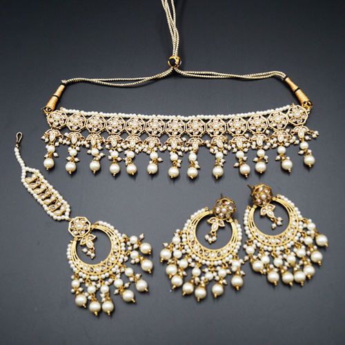 Yukta Gold Polki & White Pearl Choker Necklace Set - Antique Gold