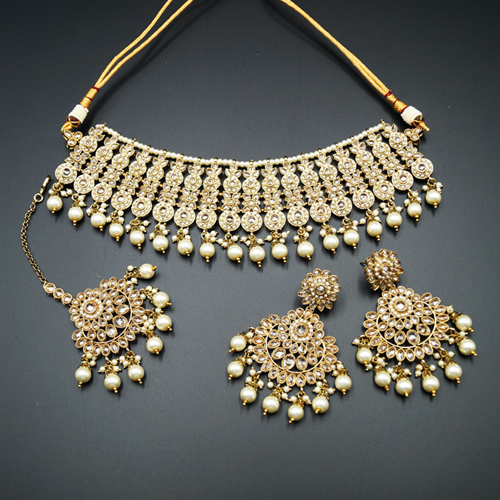 Shanta Gold Polki Stone Choker Necklace Set - Antique Gold