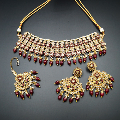 Shanta Gold/Maroon Polki Stone Choker Necklace Set - Antique Gold