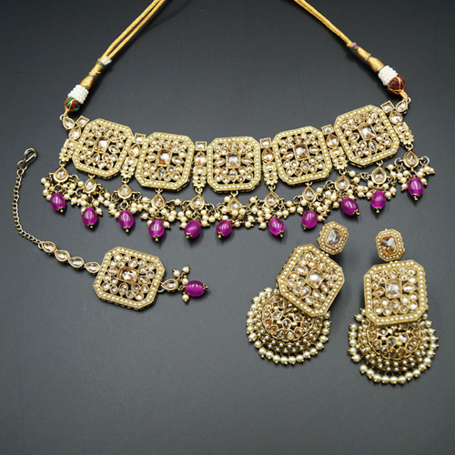 Oshin Gold Polki / Lilac Beads Choker Necklace Set - Antique Gold