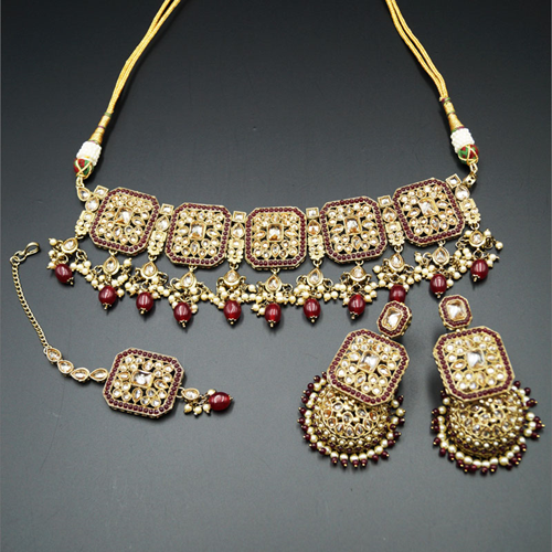 Oshin Gold Polki / Maroon Beads Choker Necklace Set - Antique Gold