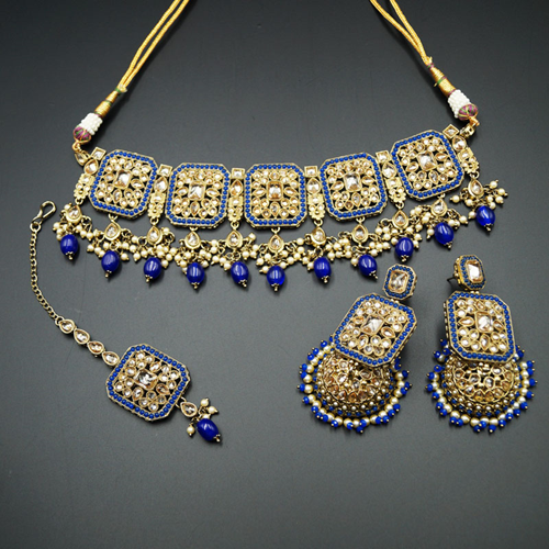 Oshin Gold Polki /Blue Beads Choker Necklace Set - Antique Gold