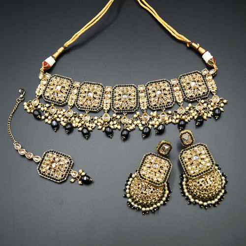 Oshin Gold Polki / Black Beads Choker Necklace Set - Antique Gold