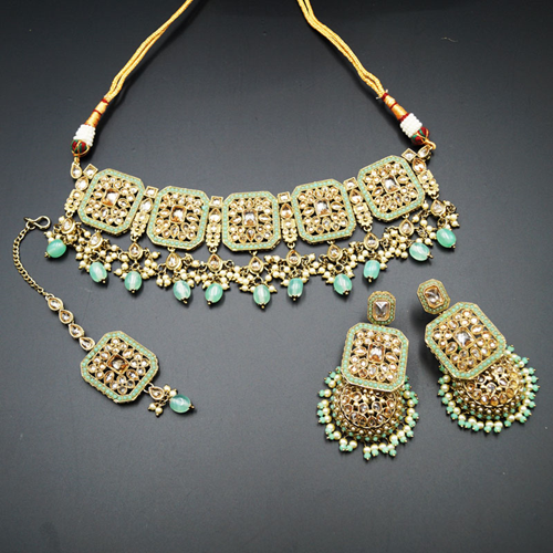 Oshin Gold Polki / Pista Beads Choker Necklace Set - Antique Gold