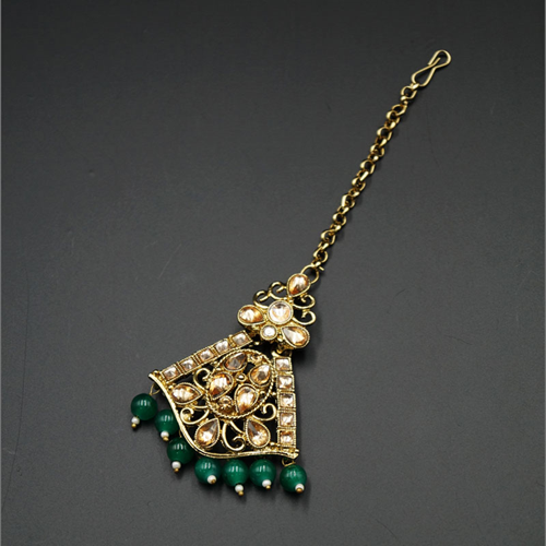 Bea Gold Diamante/ Green Beads Earring Tikka Set - Gold