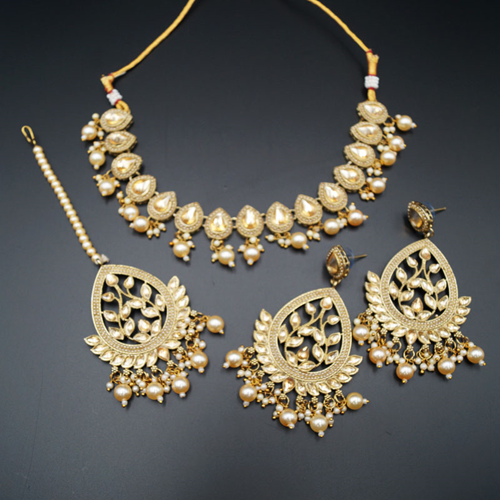 Avan Gold Polki & Gold Beads Necklace Set - Antique Gold
