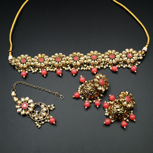 Lexi Gold/ Coral Polki  Necklace Set - Antique Gold