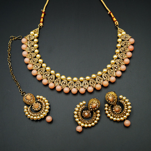 Twisa Gold Diamante/ Peach Beads Necklace Set - Gold