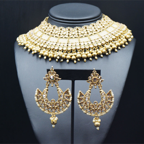 Jafin - Gold Polki Choker Necklace Set - Antique Gold