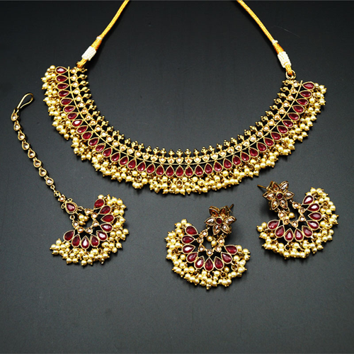 Oorja - Gold Polki/Cerise Stone Necklace Set - Antique Gold