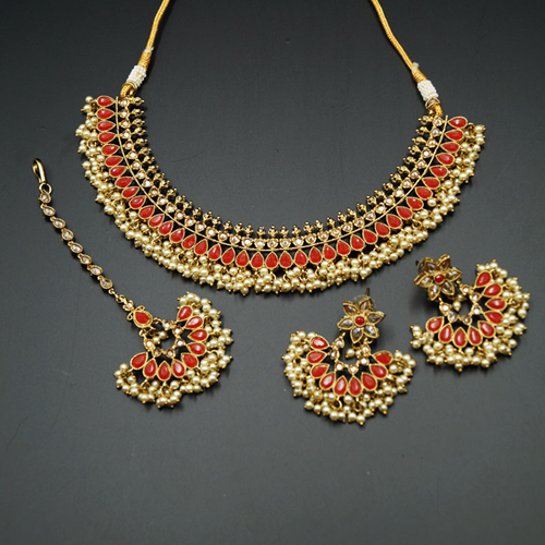 Oorja - Gold Polki/Red Stone Necklace Set - Antique Gold
