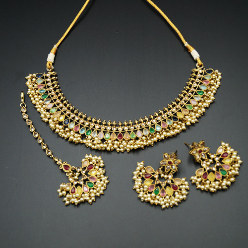 Oorja - Gold Polki/Multicolour Stone Necklace Set - Antique Gold