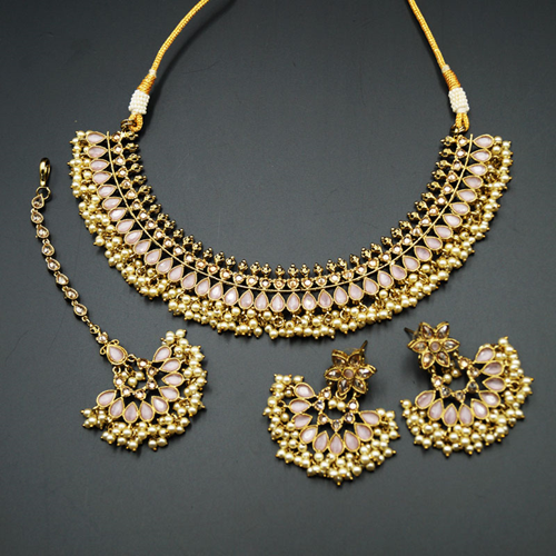 Oorja - Gold Polki/Baby Pink Stone Necklace Set - Antique Gold