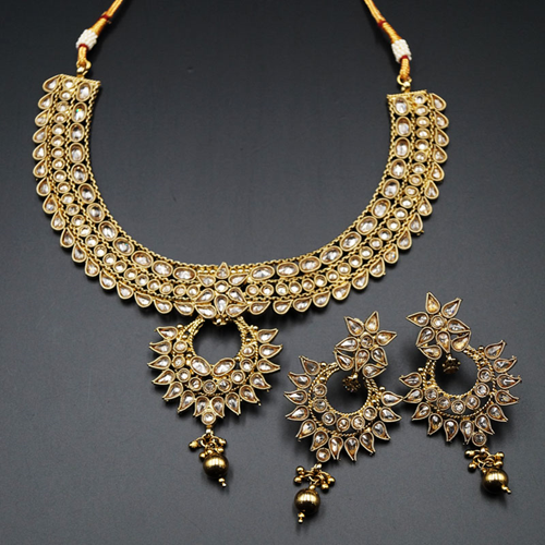 Saleen Gold Polki Necklace Set - Antique Gold