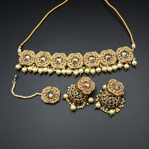 Rea Gold Polki Choker Necklace Set - Antique Gold