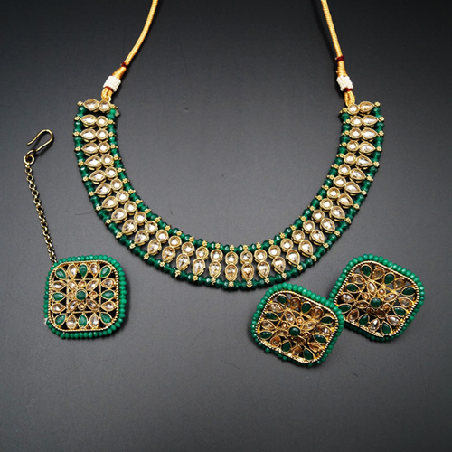 Rhodas- Gold Polki/Green Necklace Set - Antique Gold