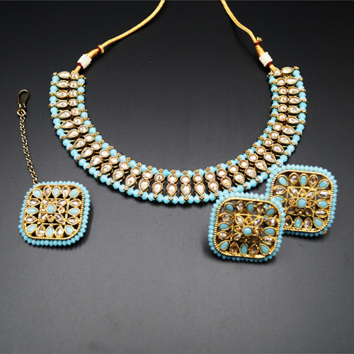 Rhodas -Gold Polki/Light Blue Beads Necklace Set - Antique Gold