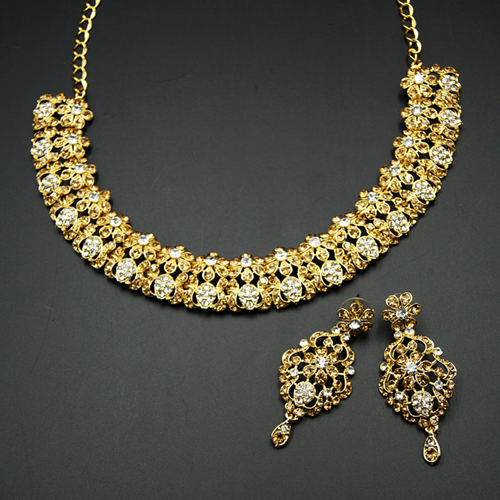 Ketki- Gold /White Diamante Necklace Set - Gold