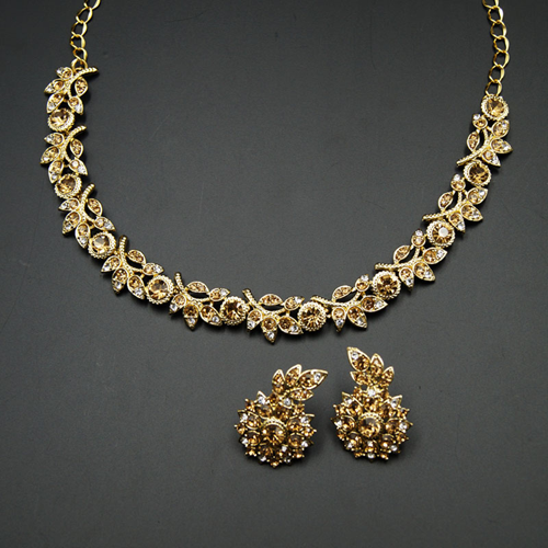Tamari - Gold /White Diamante Necklace Set - Gold