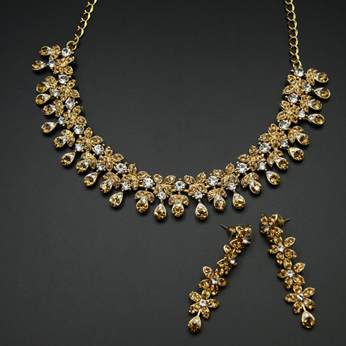 Nakti  - Gold /White Diamante Necklace Set - Gold