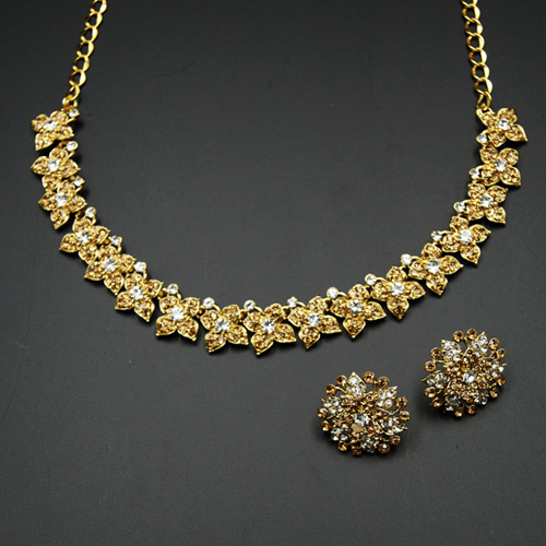 Watika- Gold /White Diamante Necklace Set - Gold