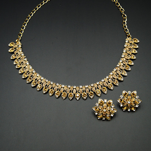 Jaina- Gold /White Diamante Necklace Set - Gold