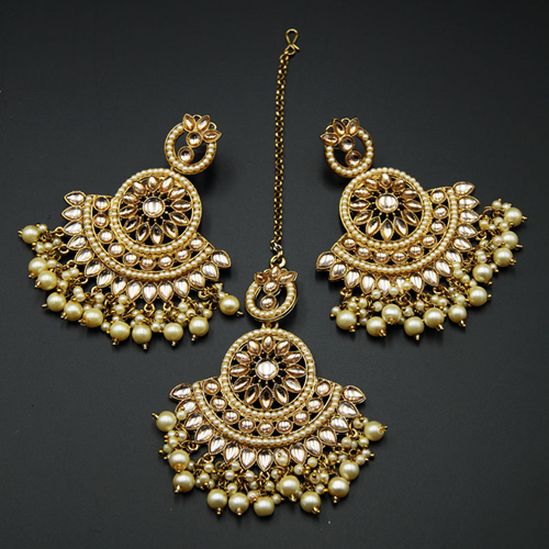 Juin-Gold Kundan Stone Earring Tikka Set - Gold