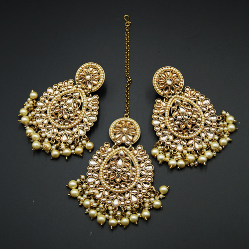Tuli-Gold Kundan Stone Earring Tikka Set - Gold
