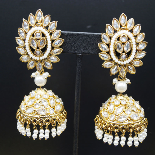 Pavla -White Polki Stone Jhumka- Antique Gold