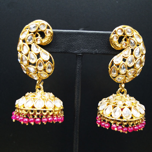 Warda -Gold Polki Stone /Pink Beads Jhumka- Antique Gold
