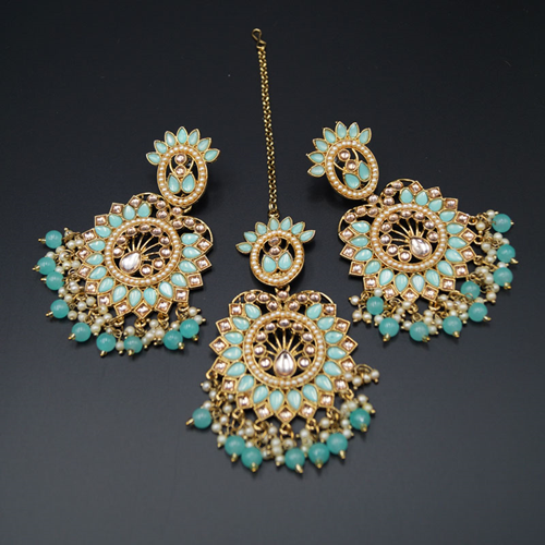 Shima - Gold/ Turquoise Kundan Earring Tikka Set - Antique Gold