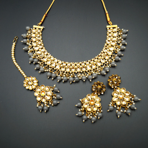 Aapt- Gold Polki & Grey Beads Necklace Set - Antique Gold