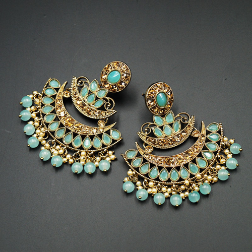 Ganak- Turquoise & Gold  Diamante Stone Earrings - Antique Gold
