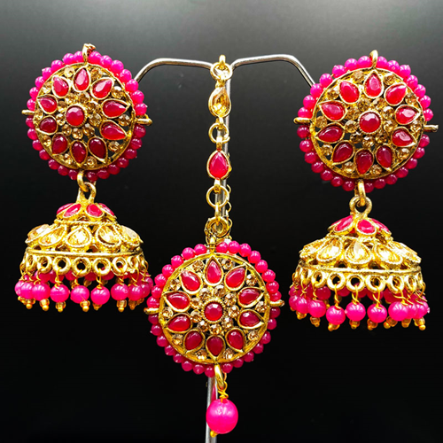 Tapi Pink Jhumka Earring Tikka Set - Gold